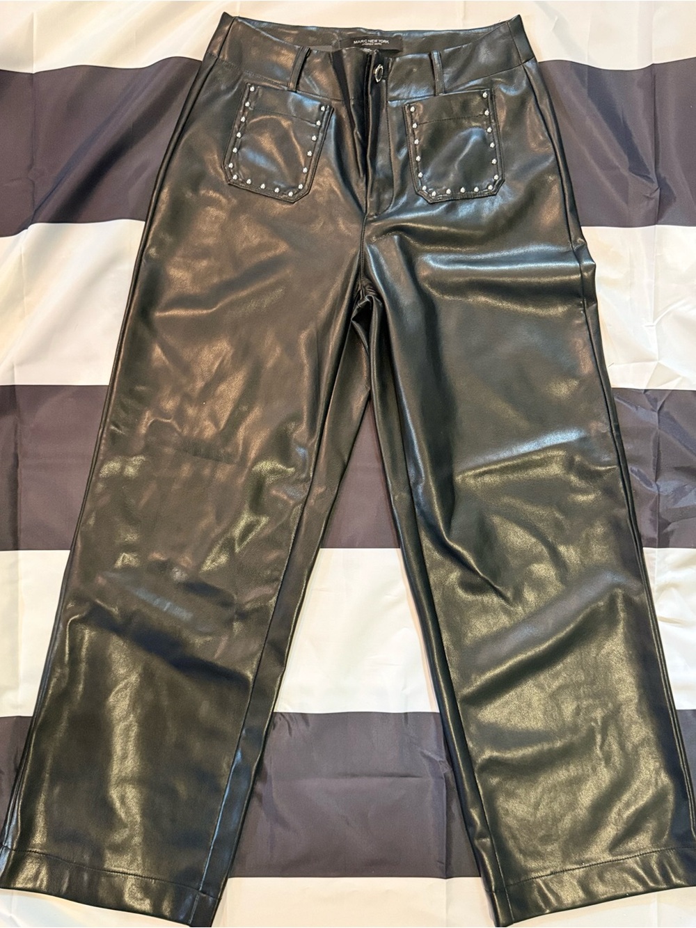 Marc New York Black Faux Leather Straight-Leg Pants with Studded Patch Pockets